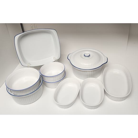 BIA Blanc De Table/Corningware Vintage Casserole Dish W/ Cobalt Blue Trim 9PCS - Picture 1 of 16